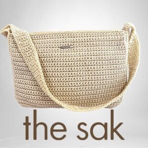 THE SAK Shoulder Taupe Crocheted Cotton Bag w/ Silver Hardware